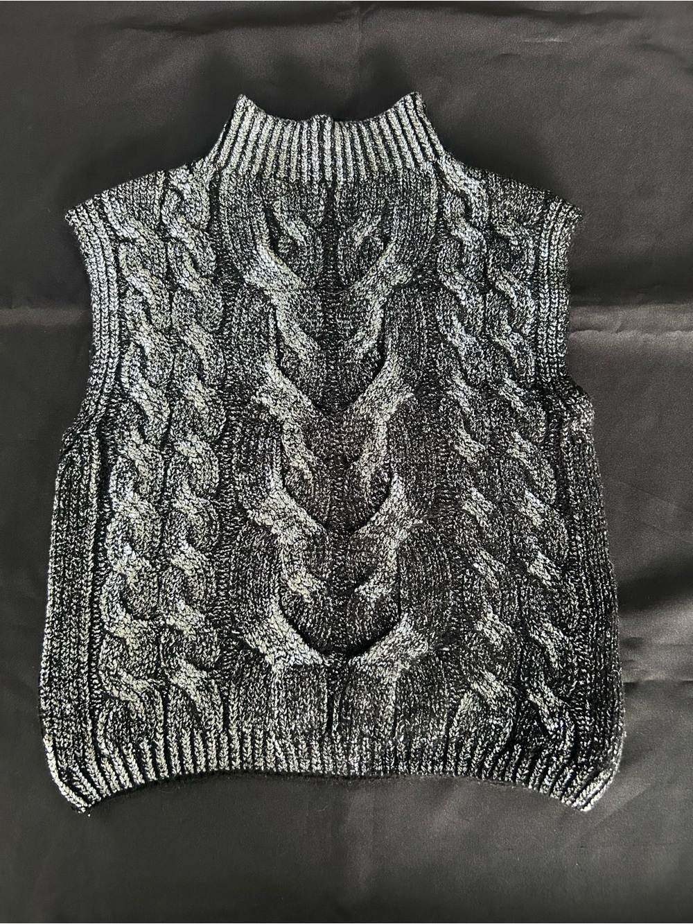 Pilcro Black and Silver Cable Knit Sleeveless Turtleneck Sweater Vest